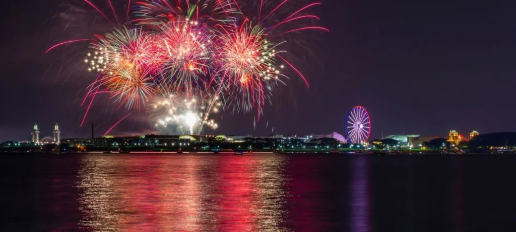 Chicago fireworks over Lake Michigan viewed from a private sailboat cruise