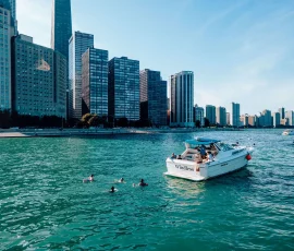 Aerial view of a boat rental at the Chicago Playpen on Lake Michigan