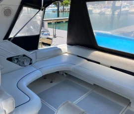 Interior seating area of a luxury yacht available for charter in Chicago